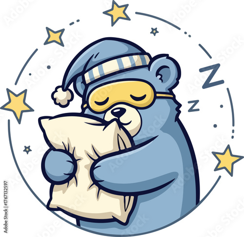 Cute cartoon bear sleeping with pillow and stars around