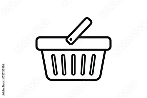 Shopping basket icon with handle, simple black outline design for e-commerce and retail