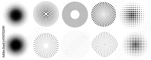 Halftone gradient circles collection. Dots textured round patterns. Cartoon comic radial faded background set. Abstract pixelated elements for frame, poster, collage, banner, flyer. Vector bundle