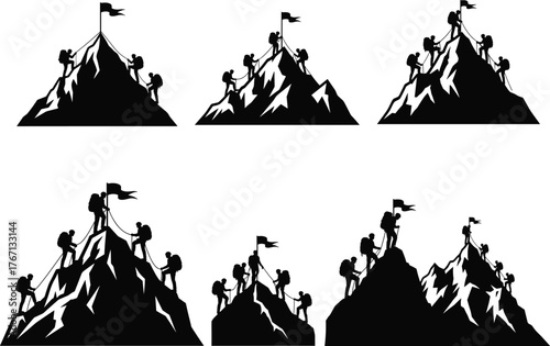 Mountain Climbing Silhouettes with Flags, Teamwork, Summit Celebration, Adventure Gear, Perseverance, Helping Hands, Achievement, Motivation, Outdoor Challenge, and Black and White Style