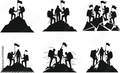 Mountain climbing teamwork silhouette illustration of hikers reaching summit with flag, adventure vector design for travel, motivation, and outdoor success themes