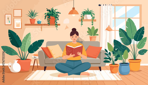 Cozy Living Room Scene with Person Reading on Rug – Peaceful Home Interior Illustration