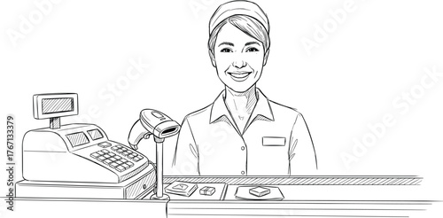 Cashier at retail checkout counter, smiling employee with uniform and name tag, barcode scanner, cash register, customer service, grocery store
