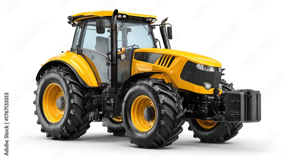 Naklejka premium Modern agricultural machine with a bright yellow chassis sits isolated on a white background