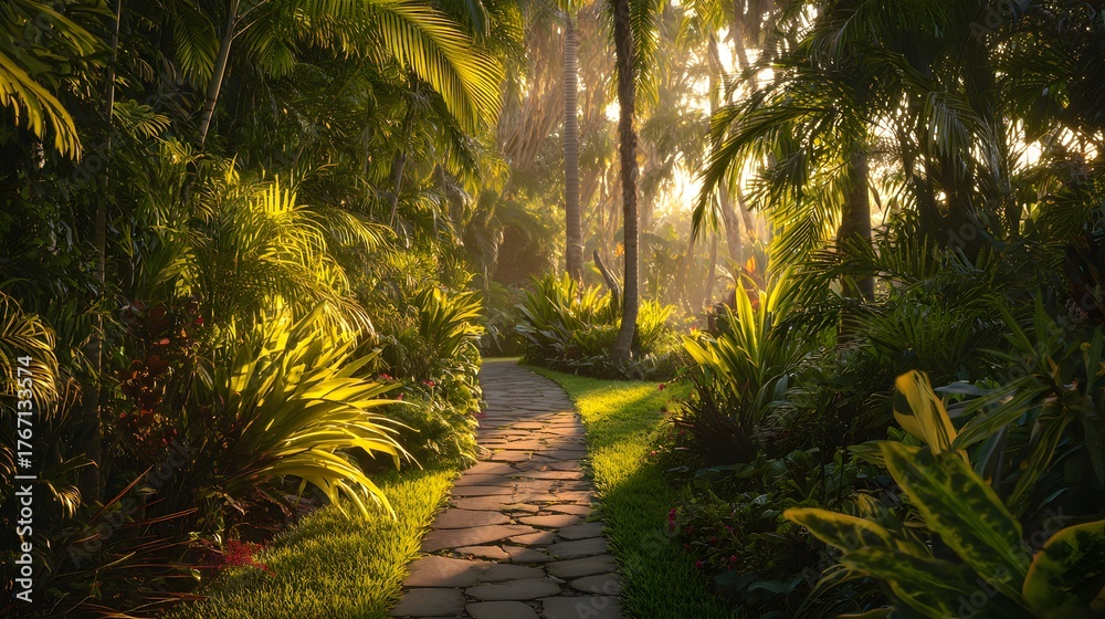 Naklejka premium Lush tropical garden pathway illuminated by bright morning sunlight filtering through dense foliage