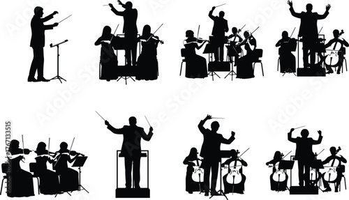 Orchestra conductor silhouette leading classical string musicians in elegant concert performance, black vector illustration of musical ensemble coordination scene