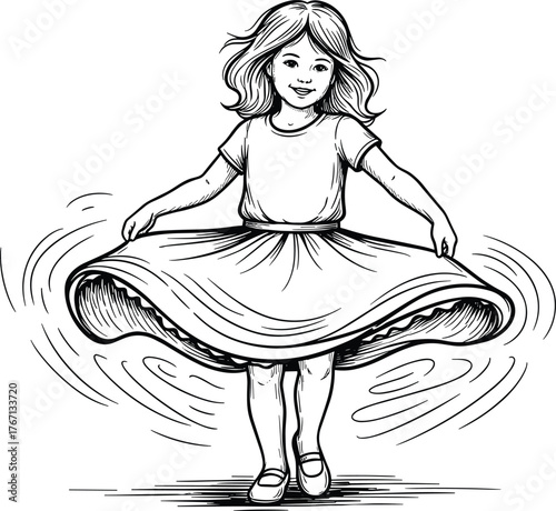 Child twirling dress, joyful childhood moment, spinning girl sketch, playful innocence, black and white drawing, happy kid illustration, carefree movement art