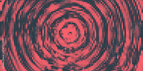 Circular Halftone Pattern Concentric Circles Frame Vector Red Black Colour Abstract Background. Mod Minimalist Art Half Tone Graphics Rippled Structure. Retro Futurism Technology Art Illustration