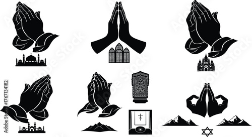 Praying hands silhouette vector illustration representing faith, religion, spirituality, hope, peace, worship, meditation, and unity across different cultures and beliefs.