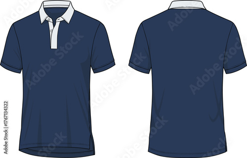 Vector illustration of navy blue polo shirt with white collar and placket, front and back view fashion clothing design template