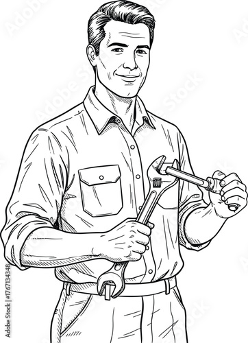 Confident mechanic worker holding pipe wrench and adjustable wrench, skilled tradesperson illustration, manual labor, craftsmanship, repair service, engineering, maintenance, industry