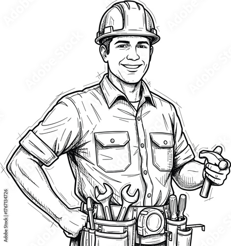 Construction worker illustration, handyman sketch, tradesman with tools, hard hat safety, repairman drawing, maintenance professional, engineering concept, DIY repair art