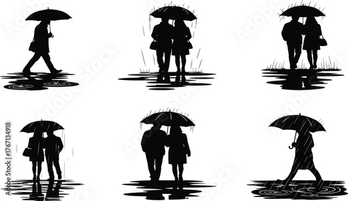 Romantic couple silhouettes walking under umbrellas in rain, vector illustration showing love, relationship, rainy weather, and street reflection art.