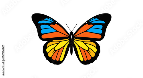 Colorful butterfly with blue, orange, and yellow wings on a white background.