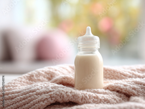 Elegant baby milk bottle on clean neutral background in tender minimal motherhood and newborn care preparation