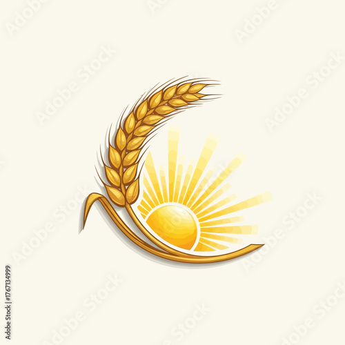 Golden wheat ear with radiating sun emblem on a light background.