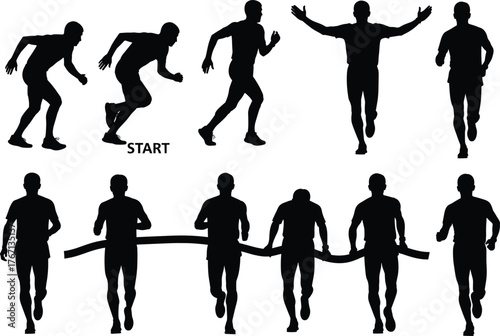 Runner silhouette vector showing race stages from start to finish line, sprint motion, athletic competition, victory pose, sports illustration set
