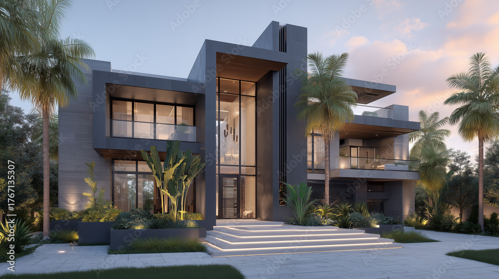 Fototapeta premium Elegant Modern Minimalist House Exterior at Dusk