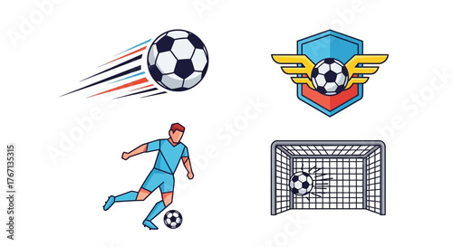 Soccer elements including a ball player net and logo designs