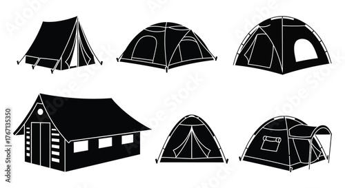 Various camping shelter designs illustrated in a simple black and white style