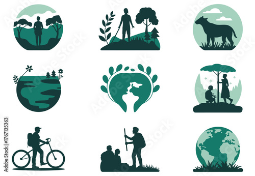 Collection of nature and outdoor activity icons simple vector glyphs for environmental awareness campaigns isolated on white background