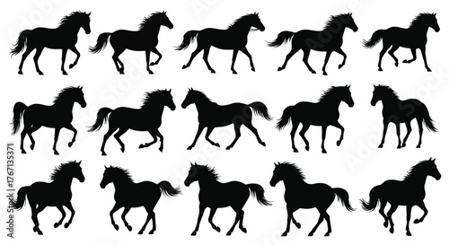 A collection of black silhouette horse images in various running poses