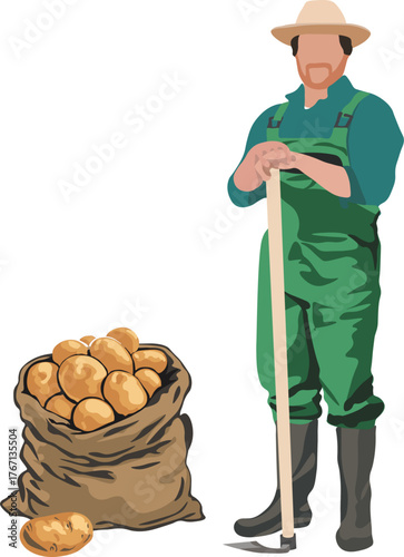A potato farmer stands next to a sack of potatoes he has harvested..eps