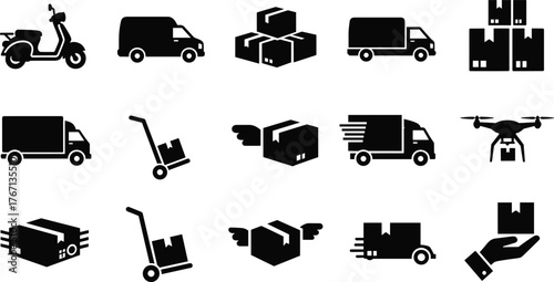 Delivery icons, logistics symbols, shipping silhouettes, courier service, package transport, e-commerce, truck, van, scooter, drone, parcel, fast shipping, warehouse, distribution, freight