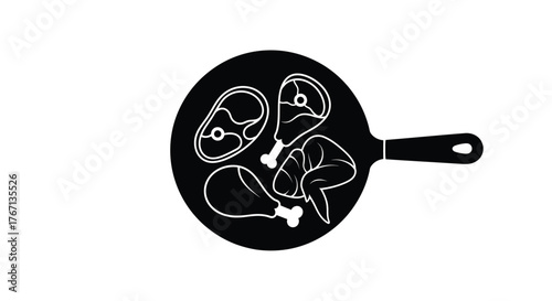 A simple black and white illustration of fried chicken in a pan