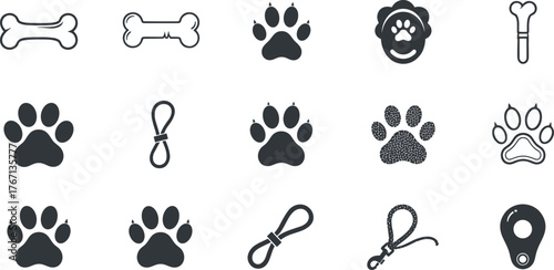 Dog icons, pet care symbols, paw print graphics, dog bone illustration, leash vector, animal footprint, veterinary design, puppy logo elements, pet shop branding, canine accessories