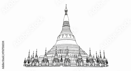 Buddhist pagoda temple architecture minimalist line art vector illustration.