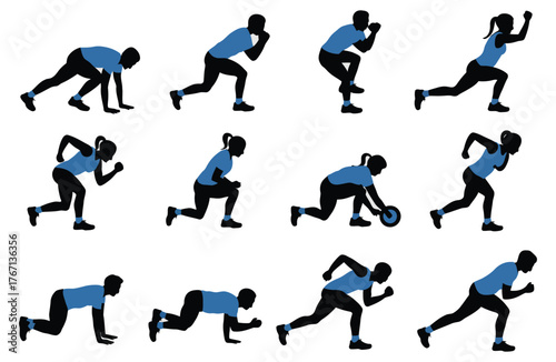 Set of fitness exercise silhouettes demonstrating various workout positions vector illustration for gym and training infographics