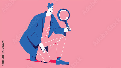 Modern abstract illustration of business person examining with magnifying glass representing focus and insight