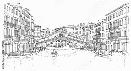 Venice canal bridge architecture minimalist line art travel vector.