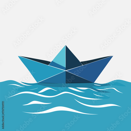 Minimalist blue origami paper boat peacefully floats on calm water, a simple vector illustration symbolizing childhood dreams, adventure, journey, and serene discovery