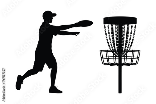 Silhouette of a disc golfer throwing a disc towards a basket