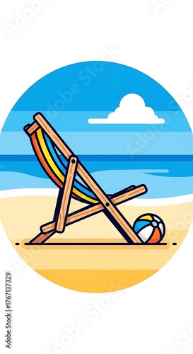 Beach Relaxation - A Colorful Deck Chair and Ball on the Sand.