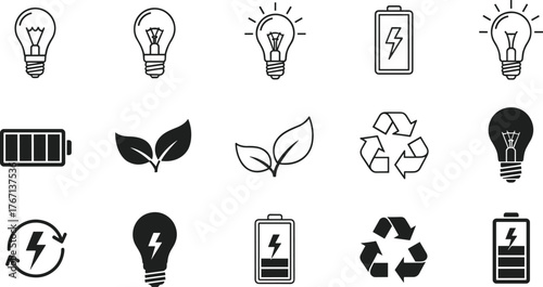 Energy icons, sustainability symbols, eco-friendly design, renewable power, recycling concept, green technology, electricity storage, battery charge, light bulb, environmental conservation