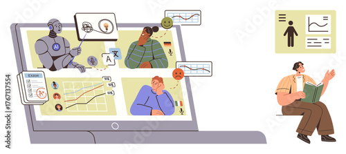 AI analyzing student emotions, language, and performance through charts and profiles on a laptop. Ideal for education, virtual learning, AI applications, emotional intelligence, study tips, EdTech