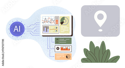AI module, analytics dashboard with graphs and charts, geolocation icon, connection lines, green plants. Ideal for technology, AI integration, data science, geolocation visualization innovation