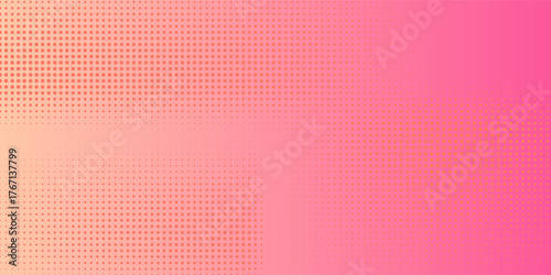Abstract pink orange polka dots with pastel pink gradient halftone background.
