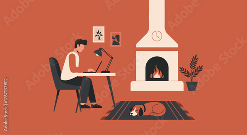 Man working on laptop at desk near fireplace in cozy living room with sleeping dog, creating a warm and productive atmosphere.