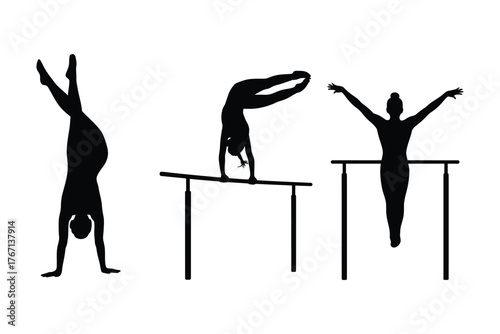 Gymnasts performing various athletic poses on bars and in handstand