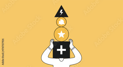 Person holding box with plus sign balancing star, bell, and lightning bolt on head against yellow backdrop representing problem solving and positive attitude.