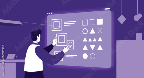 Man interacts with holographic display in modern office, showcasing futuristic user interface and advanced technology, creating a sense of innovation and progress.