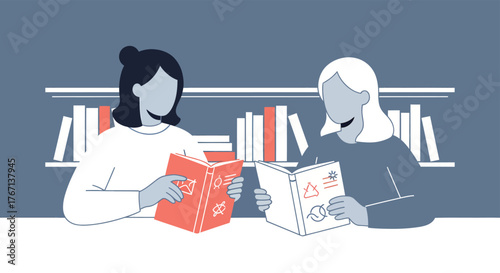 Two women reading books in a library with bookshelves, showcasing learning and education in a simple, modern style.