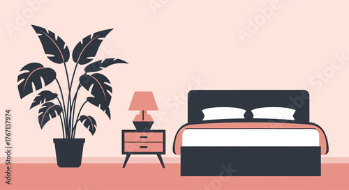 Cozy bedroom interior featuring a potted plant and bedside table creates a relaxing atmosphere in a minimalist style, promoting tranquility and comfort.