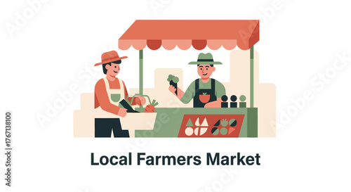 Farmers selling fresh produce at outdoor market stall on sunny day, promoting local agriculture and community engagement.