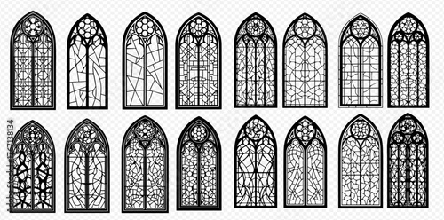 A collection of gothic arched windows with intricate designs and patterns.