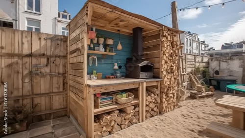 Wallpaper Mural A charming outdoor kitchen and dining area, crafted from reclaimed wood, nestled in a sunny backyard. Torontodigital.ca